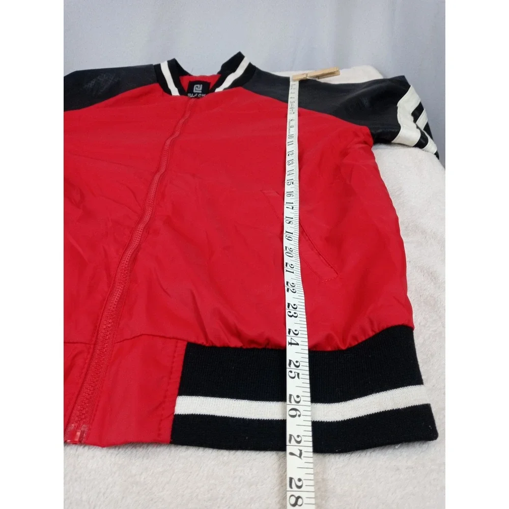 Mens Bomber Jacket sz Large Red Black Faux Leather Sleeve Varsity Full Zip Lined